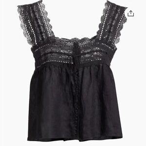 NWT Doen Vera Ramie Lace Button Crop Cami Camisole Top Black